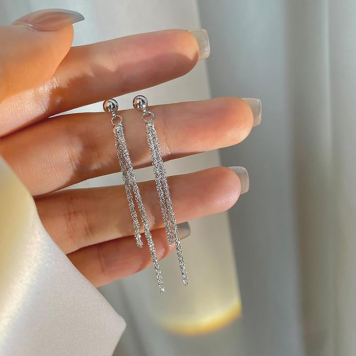 925 Sterling Silver Tassel Chain Dangle Earrings for Women Sparkling Long Fringe Dangle Drop Earrings Bling Line Minimalist Wedding Studs Earring Jewelry Birthday Christmas Gifts for Her