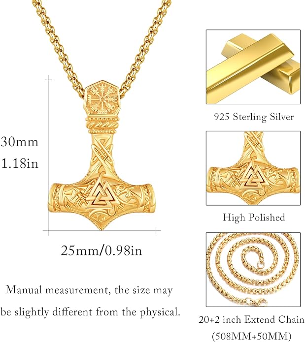 925 Sterling Silver Viking Norse Mjolnir Thor Hammer Pendant Amulet Necklaces with Gifts Box