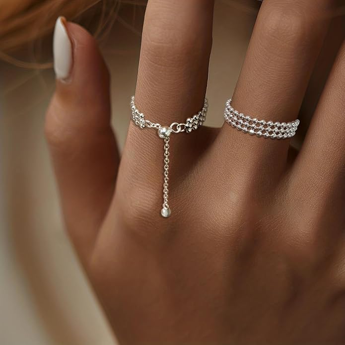 925 Sterling Silver Link Chain Fidget Rings with Dangle Bead Star for Women 14k Gold Plated Adjustable Sparkling Twist Rope Ring Stackable Line Finger Ring Jewelry Christmas Gifts for Mom