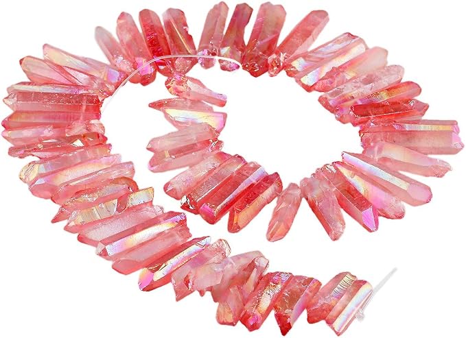 SUNYIK Light Red Crystal Points Titanium Coated Quartz Rough Sticks Spikes Point Beads 15 inch Strand Drilled