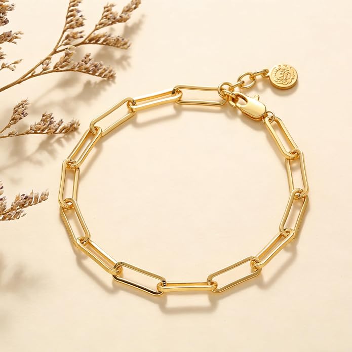 Dremmy Studios Gold Bracelet for Women 18K Gold Plated Dainty Paperclip Cubic Zirconia Disc Coin Star Cable Satellite Bead Pearl Simple Boho Minimalist Stacking Layered Link Jewelry Gift
