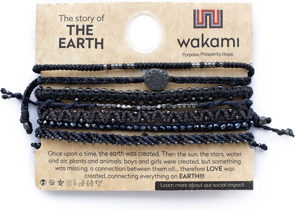 Wakami Earth Charm Bracelet Stack | Braided Beaded Stackable Bracelets for Women | Waterproof Fair Trade Handmade Boho Jewelry for Women and Men