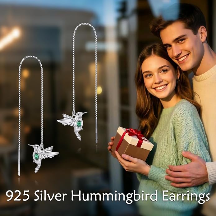 Hummingbird Pull Through Threader Earrings 925 Sterling Silver Long Piercing Tassel Drop Dangle Ear Line Eardrop Earrings Origami Jewelry Birthday Gifts for Women