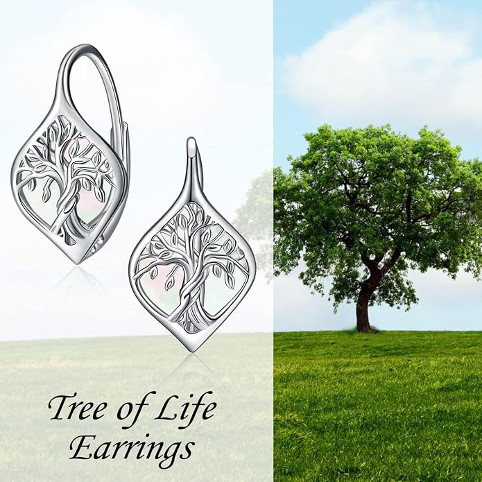 WINNICACA Leverback Earrings for Women 925 Sterling Silver Tree of Life Earrings Dangle Drop Turquoise Moonstone Moss Agate Heart Jewelry Gifts for Women Her Wife Anniversary Birthday Gifts