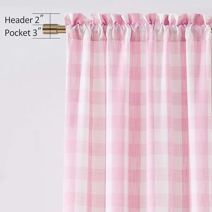 Pink White Buffalo Plaid Semi Sheer Curtains 90 Inches Length | Extra Long Girly Chic Panels,Pink Nursery Teen Room Decoration,Farmhouse Window Treatment,Rod Pocket,52"Wx90"L,Pack of 2