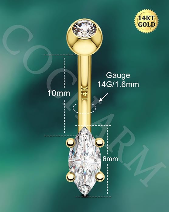 COCHARM 14K Gold Marquise CZ Belly Button Rings - White Yellow Diamond Navel Rings for Women Men - 14G Belly Piercing Jewelry