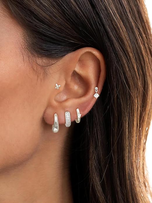 Small Chunky Stud Hoop Stacks Earrings for Women Hypoallergenic Silver Gold Flat Back Stud for Sensitive Ears Small 14K Gold Plated Huggie Cubic Zirconia Cartilage Earrings Set for Multiple Piercing Jewelry Gifts for Women 5 Pairs