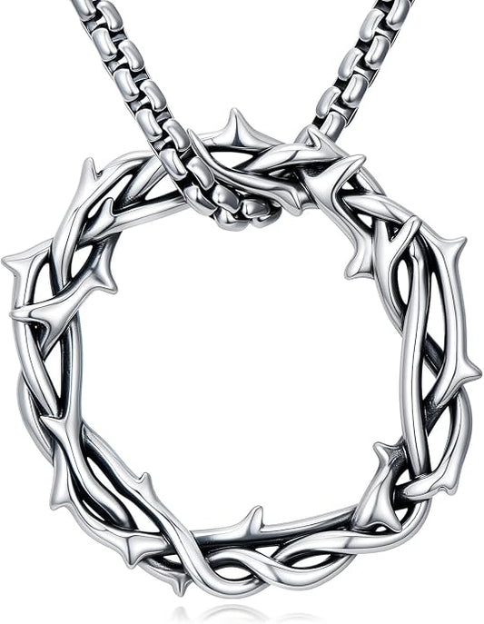 Crown of Thorns Necklace for Men 925 Sterling Silver Nail Cross Necklace Pendant Religious Christian Jewelry Valentines Day Gifts for Men