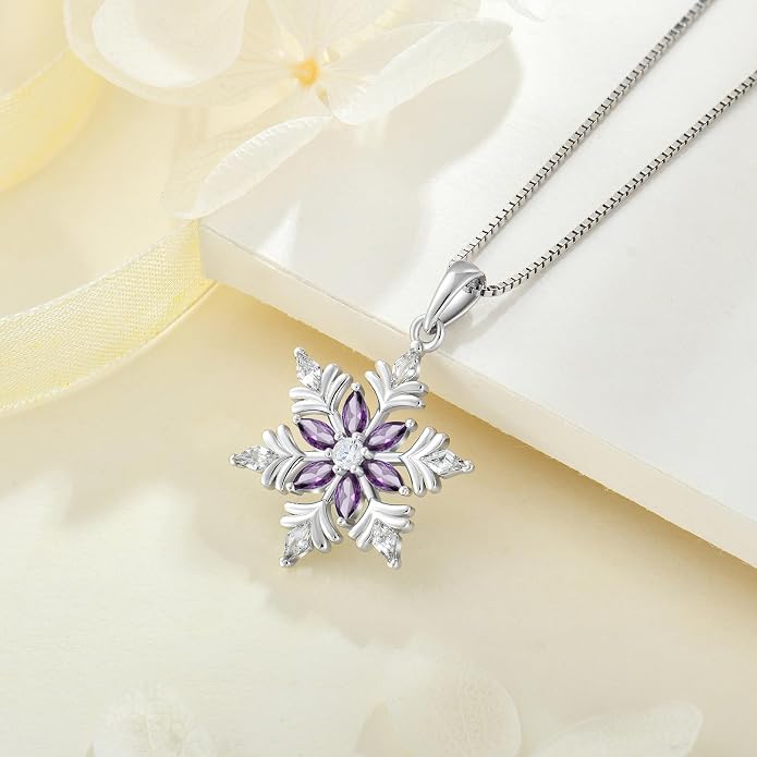 925 Sterling Silver Snowflake Necklace for Women Birthstone Snowflake Pendant Necklace Cubic Zirconia Christmas Jewelry
