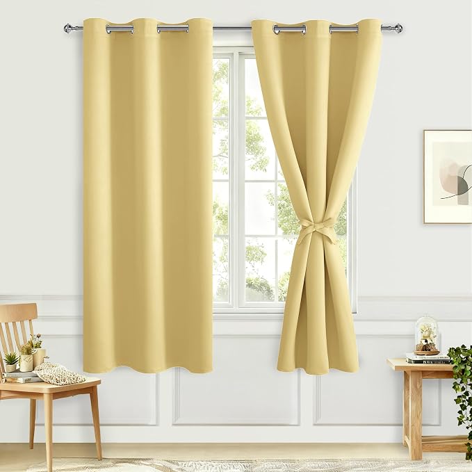 Hiasan Room Darkening Window Curtains for Bedroom, Thermal Insulated, Energy Saving Blackout Curtains, Set of 2 Panels, Sewn with Tiebacks, Grommet Top (Light Yellow, Width 42 Inch x Length 63 Inch)