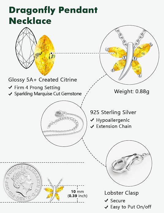 925 Sterling Silver Birthstone Necklaces for Women, Dainty Cute Dragonfly/Butterfly Pendant Necklace, Great Christmas/Anniversary Jewelry for Mother