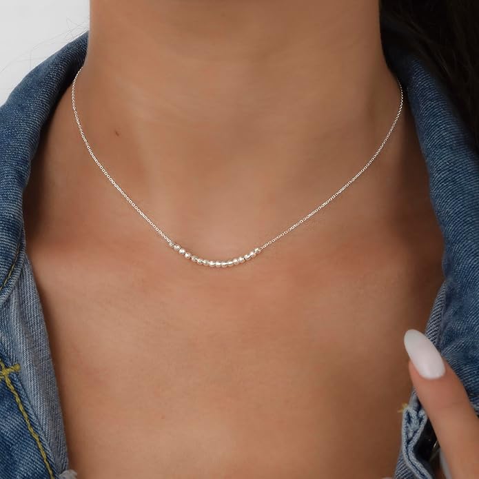 Annika Bella 925 Sterling Silver Beaded Bar Necklace for Women, Dainty Short Necklace with Silver Beads, Tarnish Resistant Jewelry, Gift for Her