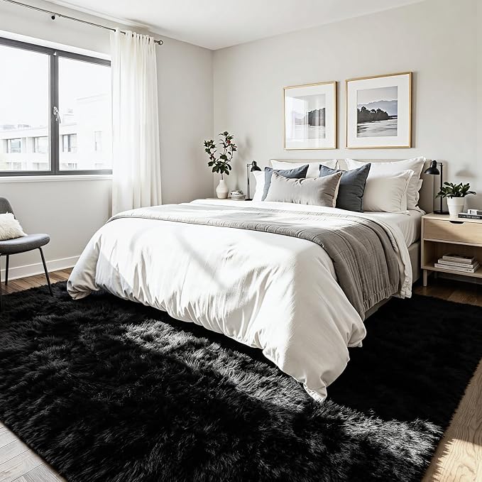 5x7 Area Rug for Living Room, Ultra Soft Fluffy Black Rugs for Bedroom, Non Slip Large Shag Carpet, Fuzzy Plush Nursery Rug, Thick Washable Indoor Floor Carpets for Kids Office Dorm Home Decor