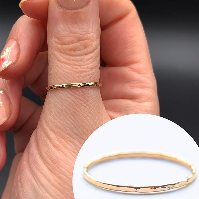 Ellie J Maui Hammered Ring, 1mm Thin Stacking Rings, Minimalist Rings for Women, 14K Gold Filled Rings for Teen Girls Midi Knuckle Pinky Finger Jewerly (Size 3-11)