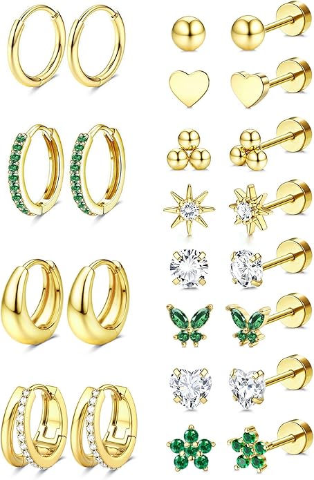 Jstyle Hypoallergenic 14K Gold Plated Stud Hoop Earrings for Women Men Surgical Stainless Steel Flat Back Earrings Small Huggie Hoops Cartilage Earring Set for Multiple Piercing Jewelry Gift for Women
