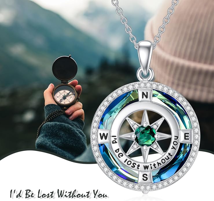 TOUPOP Necklace Gifts for Wife Compass Jewelry Women Anniversary Girlfriend Birthday Gift for Her Valentines I'd be Lost without You Sterling Silver Birthstone Necklaces