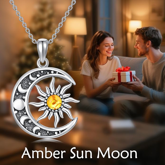 Sun and Moon Necklace 925 Sterling Silver Sun Moon Pendant Gemstone Jewelry Gifts for Women