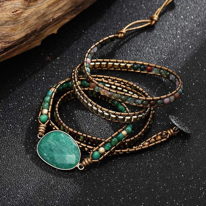 Plumiss Women Boho Handmade Natural Stone Crystal Leather Bead Wrap Bracelets Collection