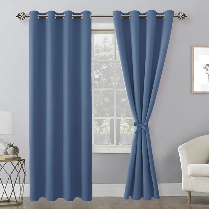 Hiasan Blackout Curtains for Bedroom, 52 x 84 Inches Long - Thermal Insulated & Light Blocking Window Curtains for Living Room/Kids Room, 2 Drape Panels Sewn with Tiebacks, Blue Haze