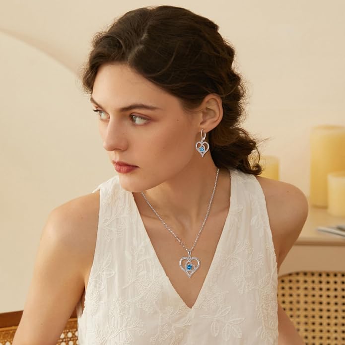 Love Heart Necklace for Women 925 Sterling Silver Birthstone Pendant Necklace Dainty Jewelry for Women Wife Mother Christmas Birthday Mother's Day Gift
