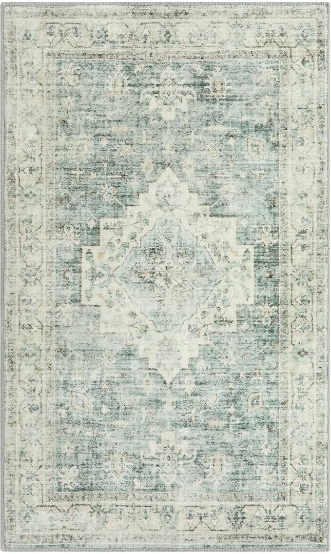 LIVEBOX Entryway Rug 3x5 Washable Area Rugs for Kitchen Bathroom, Non-Slip Front Door Mat for Bedroom, Boho Low-Pile Carpet Farmhouse Throw Indoor Mats for Bath Laundry Room, Sage Green