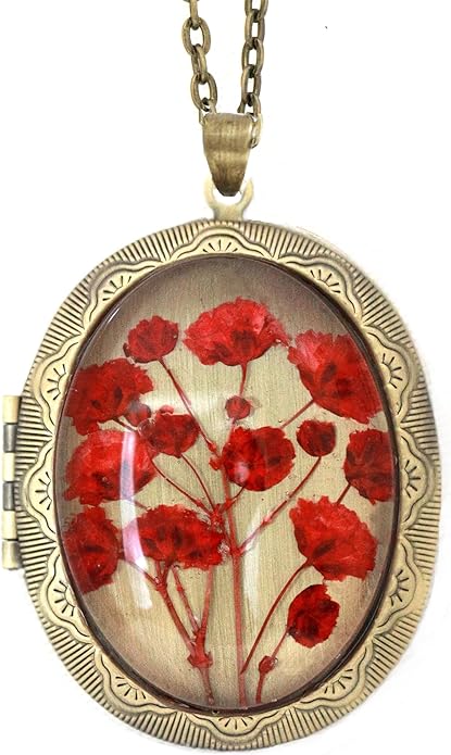 Handmade Oval Shaped Photo Locket with dried Pressed Flowers Locket pendant Necklace