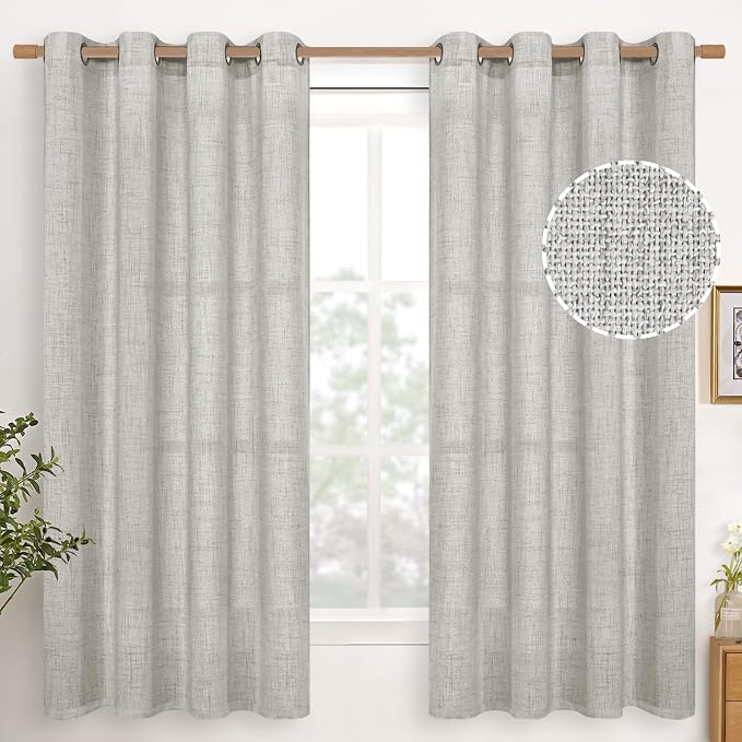 YoungsTex Light Grey Linen Curtains 63 Inches Long 2 Panels | Textured Light Filtering Window Drapes Semi Sheer with Bronze Grommet Privacy for Living Room Bedroom, 52 X 63 Inch