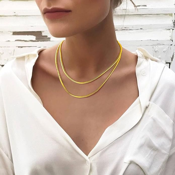 FindChic Black/14K Gold Plated Herringbone Choker Chain Necklace for Women | Waterproof Stainless Steel, Dainty Layering, Flat Snake Chain, Non-Tarnish, Hypoallergenic, Adjustable Extender, Gift Box