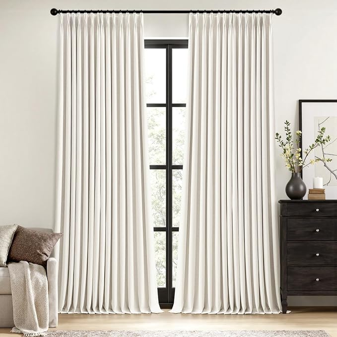 MIULEE Beige White Pinch Pleated 100% Blackout Linen Curtains for Bedroom, Room Darkening Memory Trained Window Curtains 84 inches Long for Living Room, Black Out Pleat Drapes, 2 Panels
