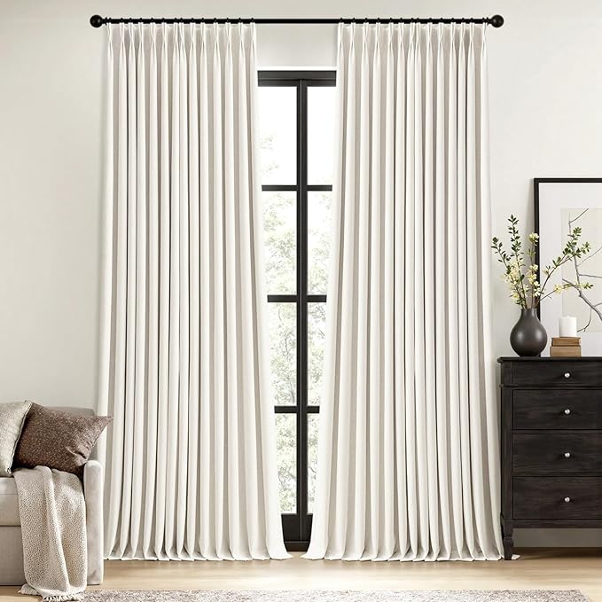 MIULEE Beige White Pinch Pleated 100% Blackout Linen Curtains for Bedroom, Room Darkening Memory Trained Window Curtains 108 inches Long for Living Room, Black Out Pleat Drapes, 2 Panels
