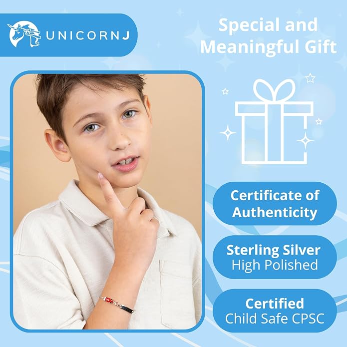 UNICORNJ 925 Italy Sterling Silver Child or Baby Name Bracelet Girls Boys, Personalized Engraved Kids ID Bracelets, 6.5" Figaro Chain, Enamel Charm Newborn Infant Toddler Kid Jewelry