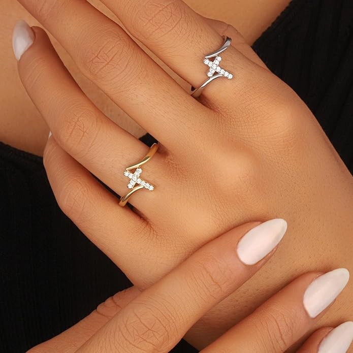 Gold Cross Statement Rings for Women 14K Gold Silver Tone Non Tarnish Cute Band High Polished Smooth Comfort Fit Size 5-10
