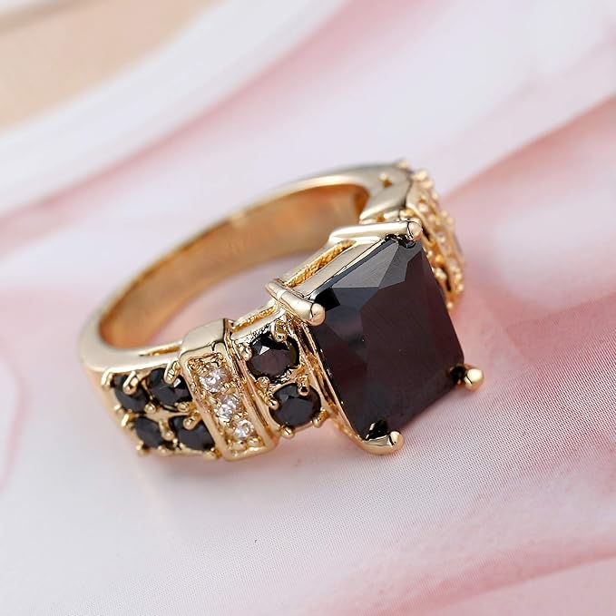 Black Onyx 14K Yellow Gold Filled Princess Cut Stone Gemstone Solitaire Ring Wedding Jewelry Ring (Available 6,7,8,9,10) (US 10)