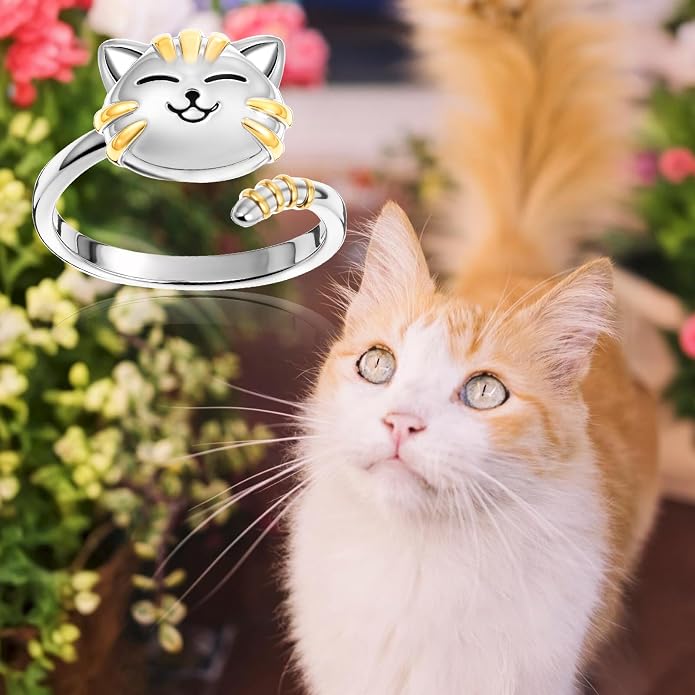 Ptwola Cute Cat Spinner Rings Open Adjustable Animal Pet Kitten Ring Dainty Stackable Band Fidget Anxiety Worry Stress Relieving Finger Promise Engagement Gifts for Women Cat Lovers