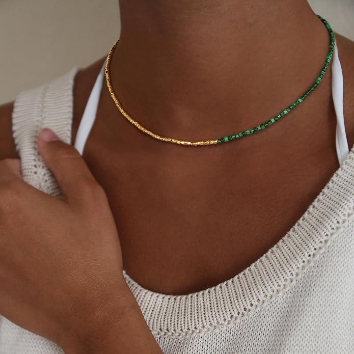 MYEARS Women Beaded Choker Necklace Gemstone 14K Gold Plated Simple Dainty Handmade Chain Everyday Trendy Jewelry