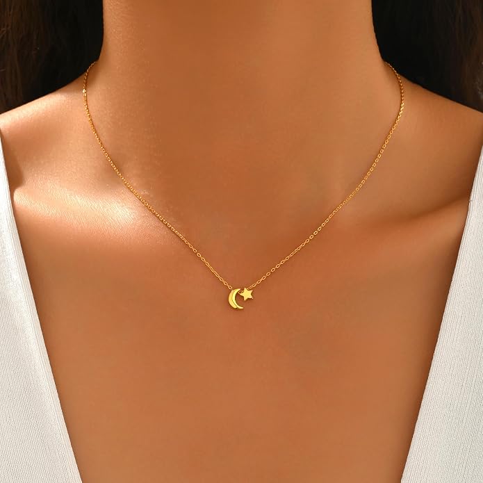 925 Sterling Silver Crescent Necklace for Women, Dainty Moon Star Choker Chain Necklace to Daughter Mother, 14k Gold Plated Moon and Star Charm Pendant Necklaces Jewelry Gift for Birthday Mother's Day