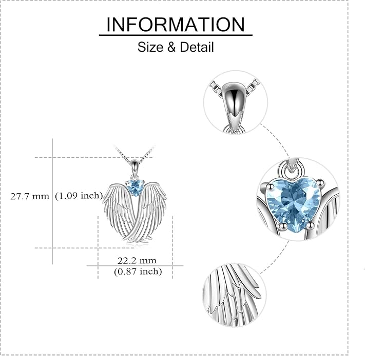 YFN Angel Wings Necklace 925 Sterling Silver Guardian Angel Wings Pendant Necklace Birthstone Necklace for Women Girls Christmas Jewelry Gifts