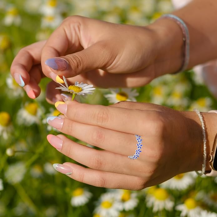 S925 Sterling Silver Dainty Daisy Flower Rings for Women, I Think Of You Every Daisy, 12 Month Birth Flower Ring