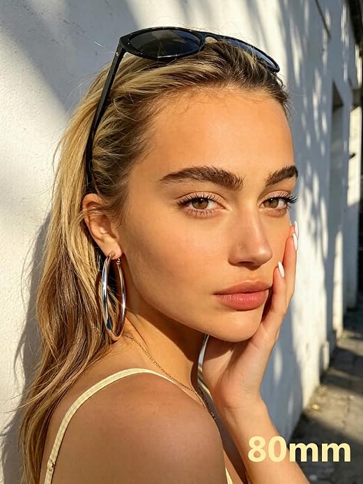Bestyle 5mm Thick Gold Hoop Earrings Hypoallergenic Hoops for Sensitive Ears Trendy Lightweight Chunky Earrings for Women 30/40/60/80mm