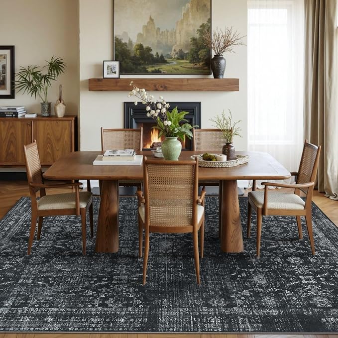 Rugxara Black Rug 5x7 Area Rugs Washable Rug for Living Room Bedroom | Non Slip, Rug for Dining Room Office Farmhouse Dorm, Stain Resistant, Soft, Vintage Boho Retro Carpet, Low Pile, Home Decor