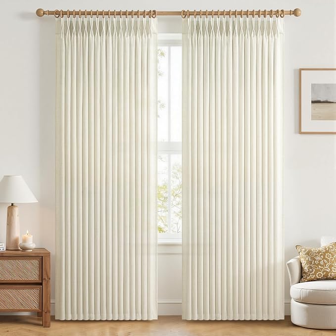 Memory Trained Pinch Pleated Linen Cream Beige Sheer Curtains 92 Inch Long