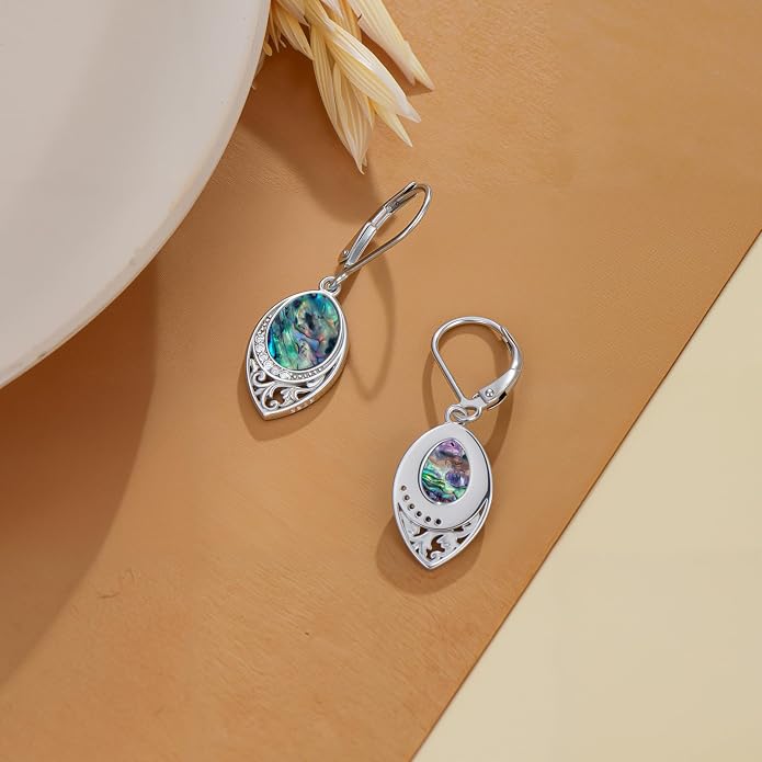 PROESS Filigree Teardrop Earrings S925 Sterling Silver Turquoise/Black Onyx/Peridot/Lapis Lazuli/Abalone Dangle Earrings Teardrop Jewelry for Women Mothers Day Birthday Christmas Gifts