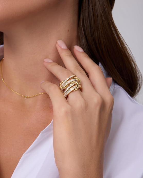 PAVOI 14K Gold Plated Interlocking Ring for Women - Chunky Connected Bands Interlock Stackable Rings for Women - Trendy Cubic Zirconia Two Tone Interlocked Multi-Band Statement Jewelry