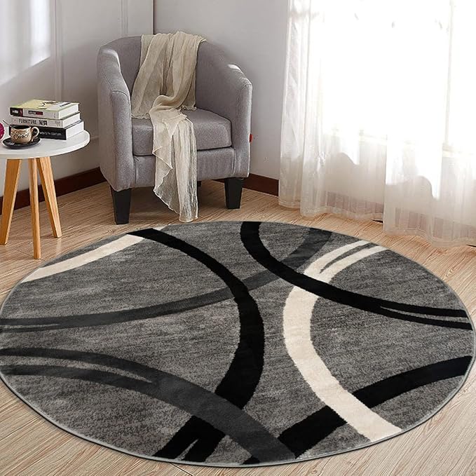 Rugshop Wavy Circles Jute Backing Living Room Bedroom Round Rug Gray 6'6"