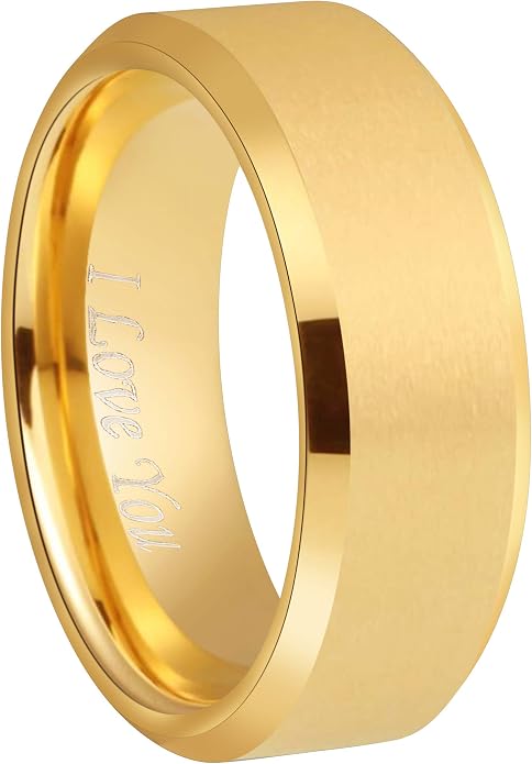 Crownal 4mm 6mm 8mm Black/Silver/Gunmetal/Gold Tungsten Wedding Couple Bands Rings Men Women Matte Brushed Finish Center Engraved "I Love You" Size 4 To 17