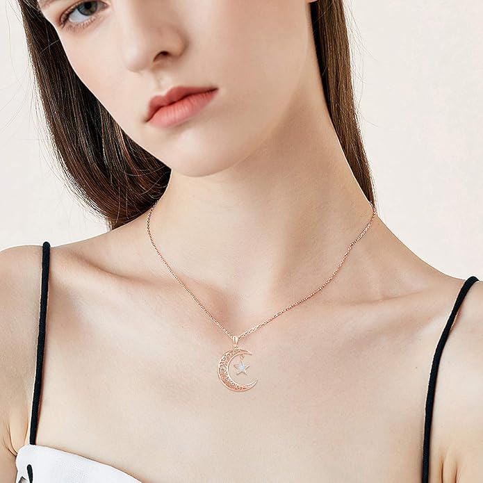 TRISHULA Moon Star Necklace, 925 Sterling Silver Crescent Moon Sun Pendant with Moonstone Crescent Jewelry Gift for Her Sister Birthday Christmas