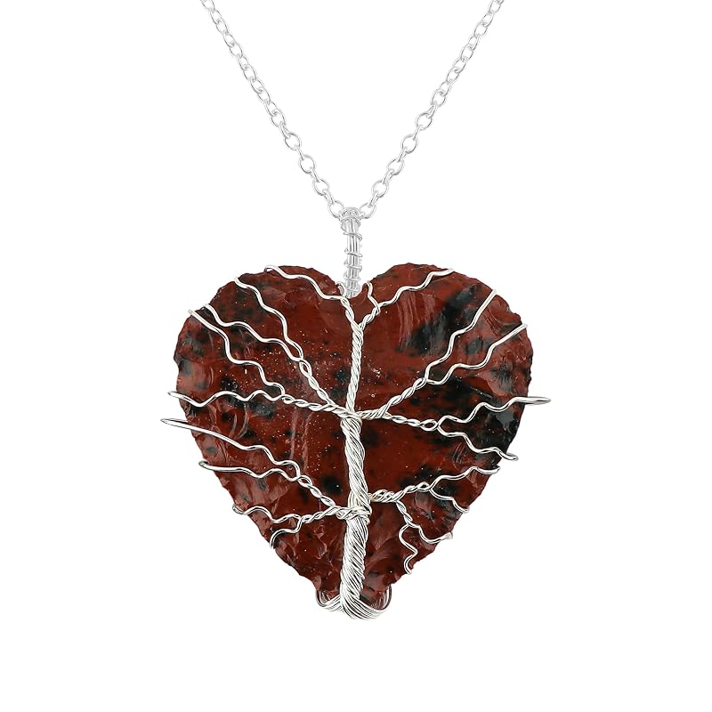 Tree of Life Craft - Raw Mahogany Obsidian Rough Crystals Pendant Necklace, Heart & Star & Arrow Shapes, Wire Wrapping, Women Jewelry with Dainty Silver Plated Chain 18 inch (3pcs)