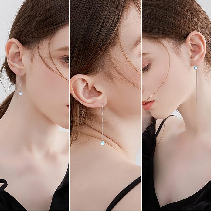 Woman Tassel Earrings Sterling Silver Gemstone Drop Earrings Long Chain Ear Line