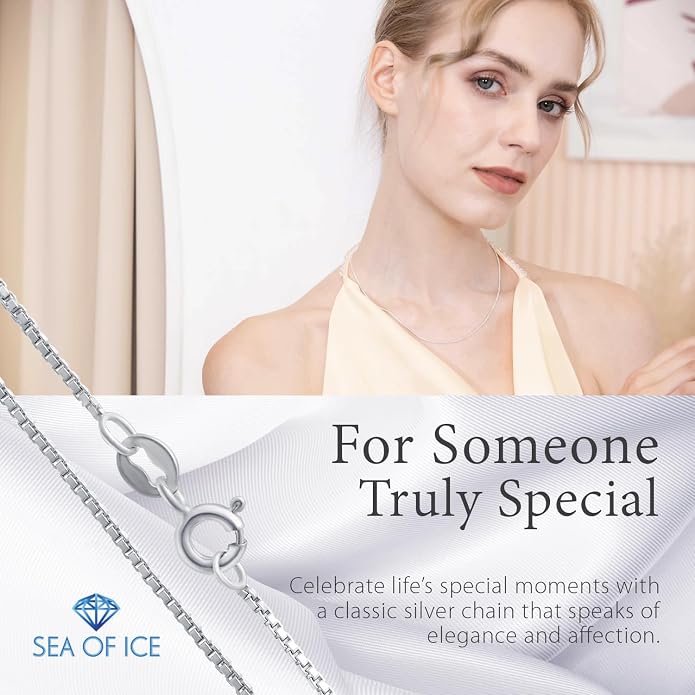 SEA OF ICE Chain Necklace 925 Sterling Silver with Ring Clasp Closure, Italian Box Necklace Chain Necklace for Women & Men, Available in Gold, Rose Gold, Silver, and Black Rhodium, Multisize