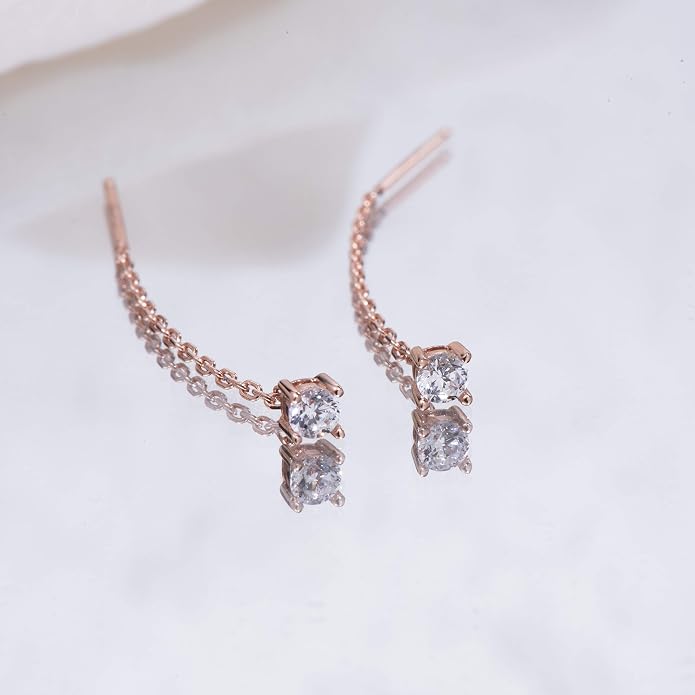 S.Leaf Gold Chain Threader Earrings for Women Trendy 925 Sterling Silver Hypoallergenic Cubic Zirconia Backless Ardant Chain Duster Threader Double Piercing Pull Through Earrings for Women Girls Birthday Gifts